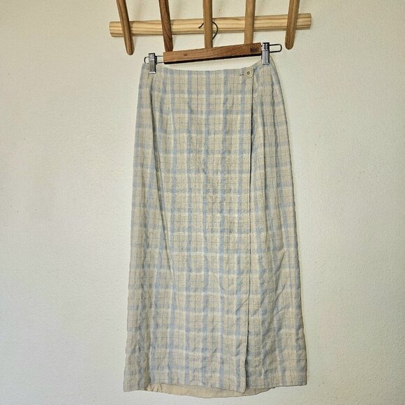 Vintage Talbots Linen Blend Wrap Skirt Size 8 Blue Beige Check Plaid Midi USA - Picture 3 of 14